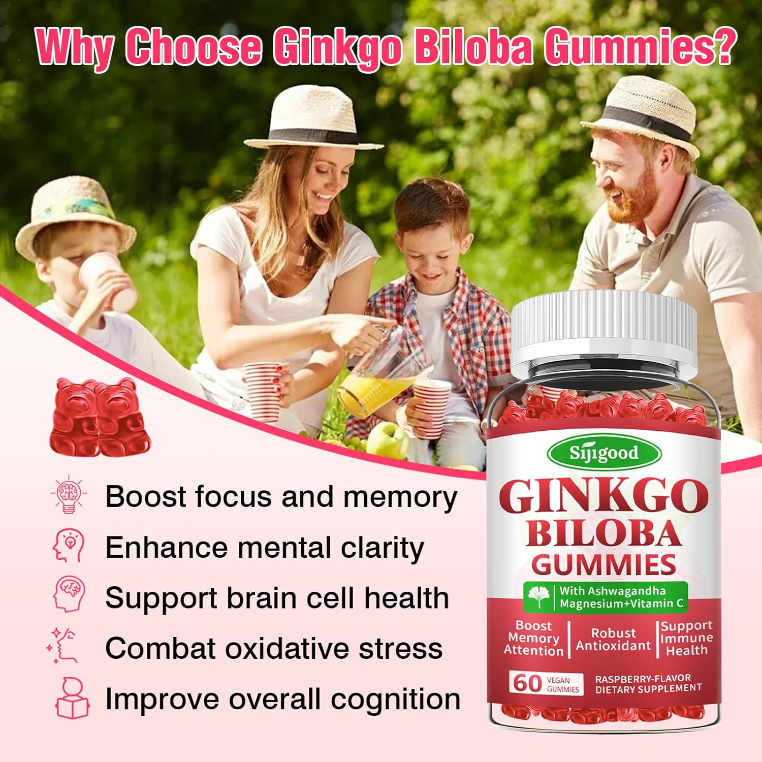 Ginkgo Biloba & Panax Ginseng Gummies for Focus & Memory - 2 Pack, Vegan Raspberry Flavor, 120 Count - Brain Health Supplements for Adults & Kids