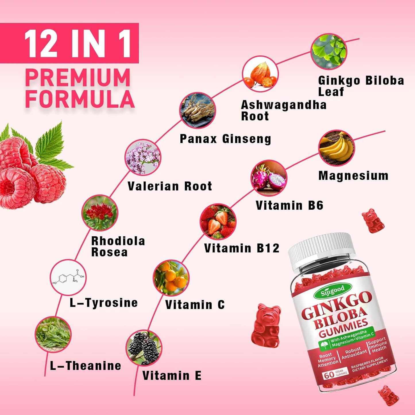 Ginkgo Biloba & Panax Ginseng Gummies for Focus & Memory - 2 Pack, Vegan Raspberry Flavor, 120 Count - Brain Health Supplements for Adults & Kids