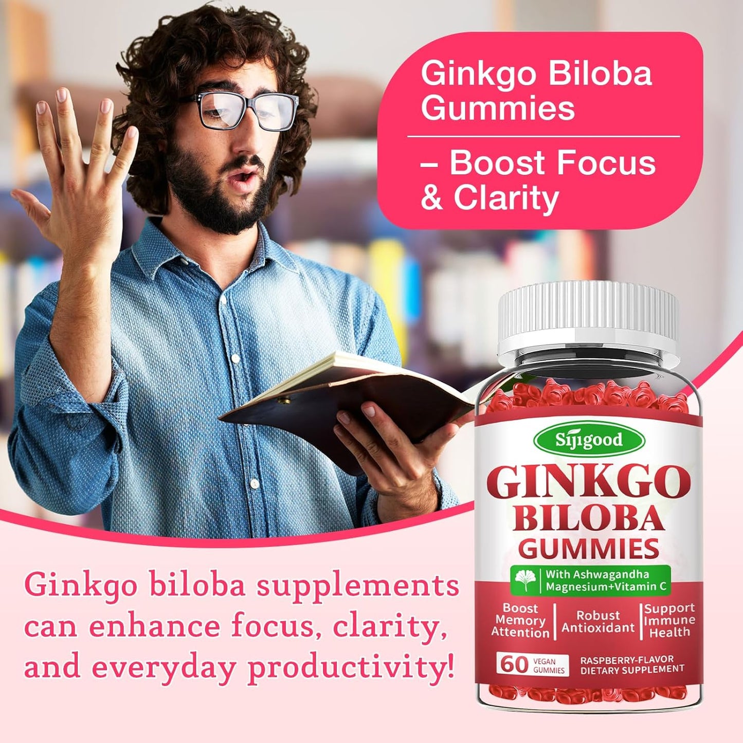 Ginkgo Biloba & Panax Ginseng Gummies for Focus & Memory - 2 Pack, Vegan Raspberry Flavor, 120 Count - Brain Health Supplements for Adults & Kids