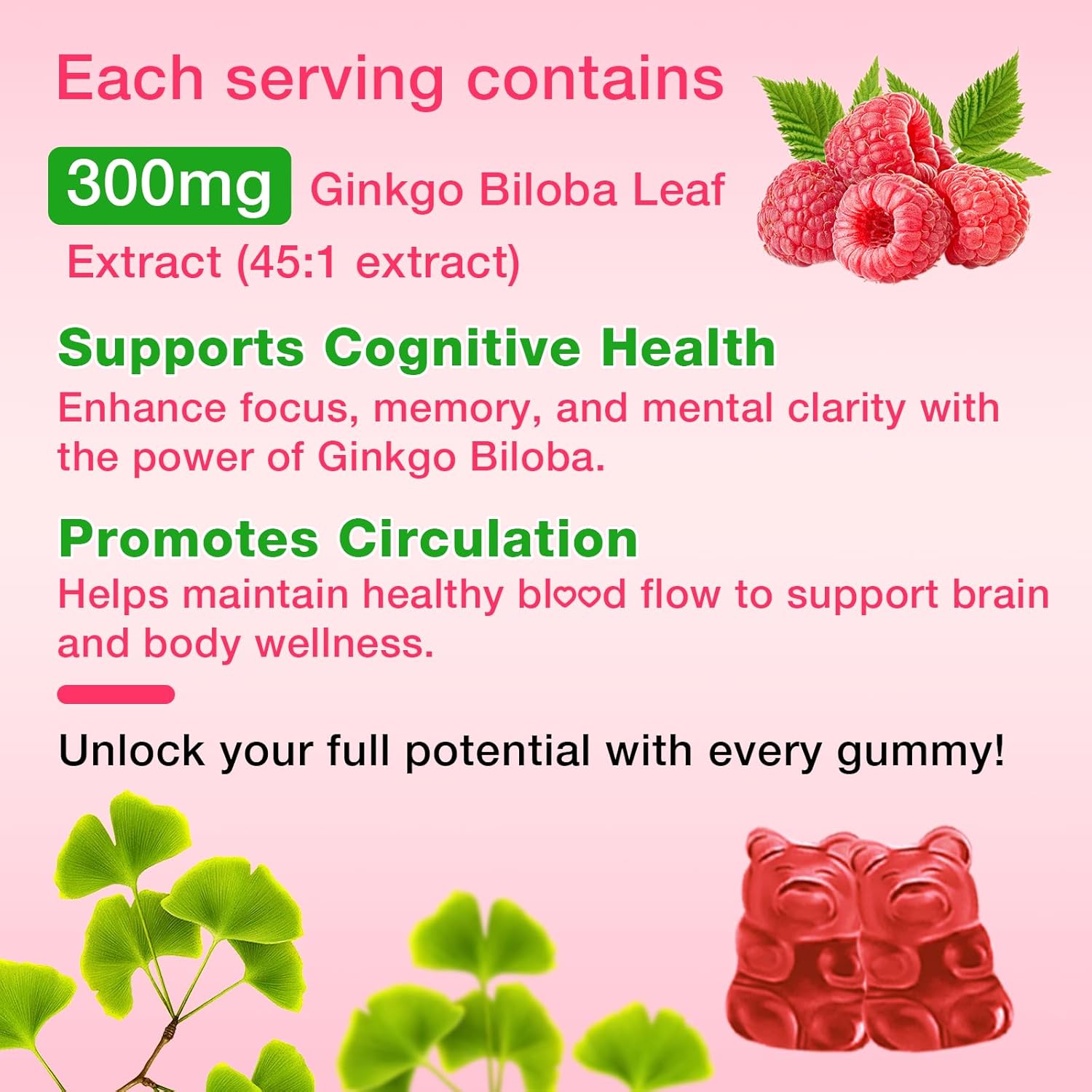 Ginkgo Biloba & Panax Ginseng Gummies for Focus & Memory - 2 Pack, Vegan Raspberry Flavor, 120 Count - Brain Health Supplements for Adults & Kids