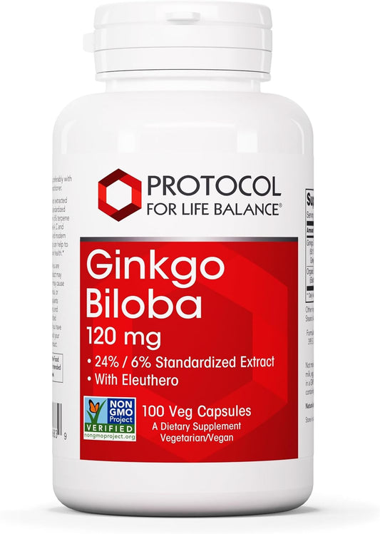 Ginkgo Biloba Protocol Capsules for Brain Health & Circulation Support - 120mg Extract with Eleuthero - Non-GMO & Dairy Free - 100 Veg Caps