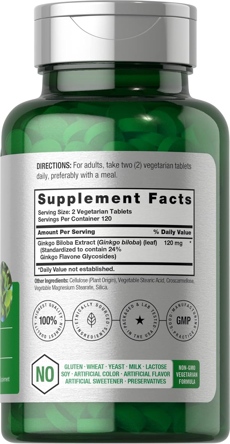 Ginkgo Biloba Supplement 120mg | 240 Tablets | Herbal Extract | Flavone Glycosides | Vegetarian, Non-GMO, Gluten Free