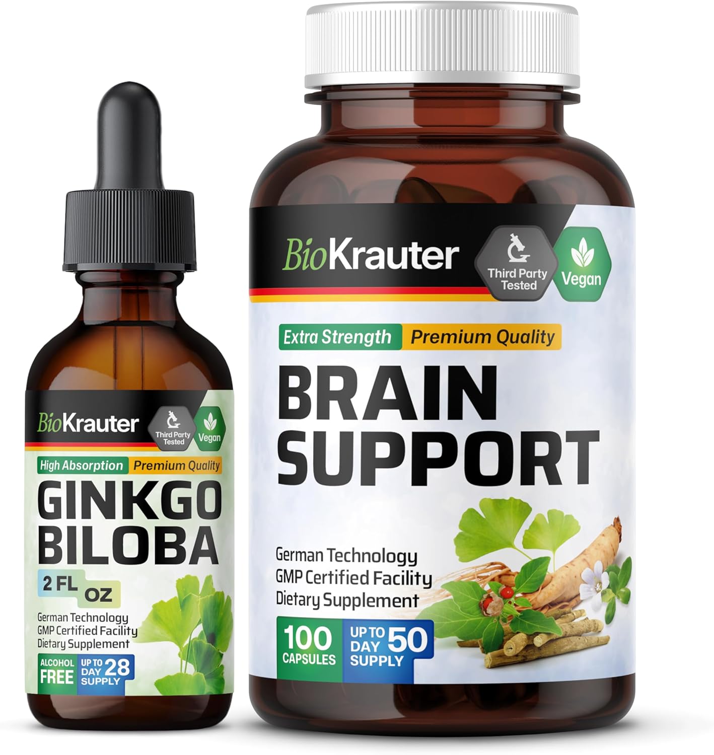 Ginkgo Biloba Tincture and Brain Support Capsules Set - 2 Fl. Oz. Tincture, 100 Capsules