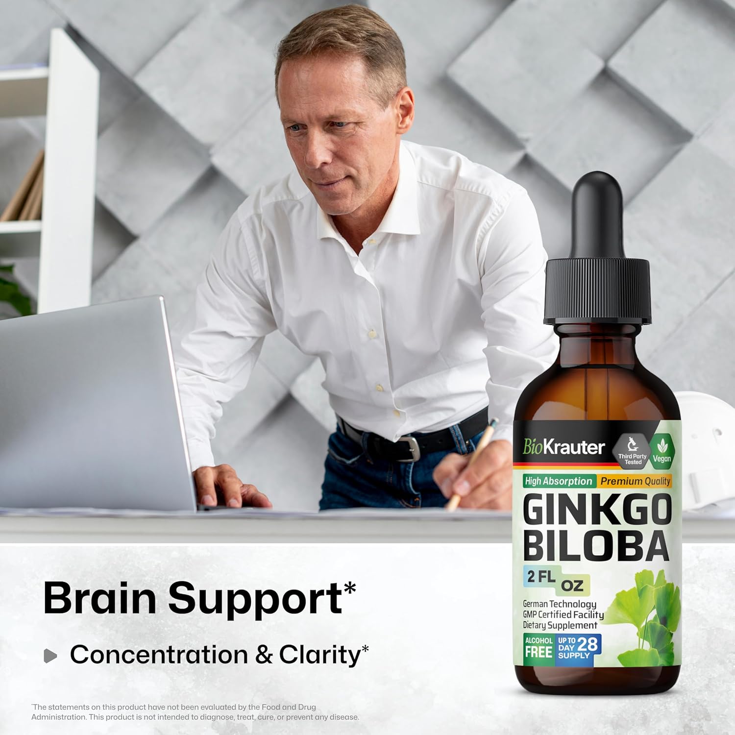 Ginkgo Biloba Tincture and Brain Support Capsules Set - 2 Fl. Oz. Tincture, 100 Capsules