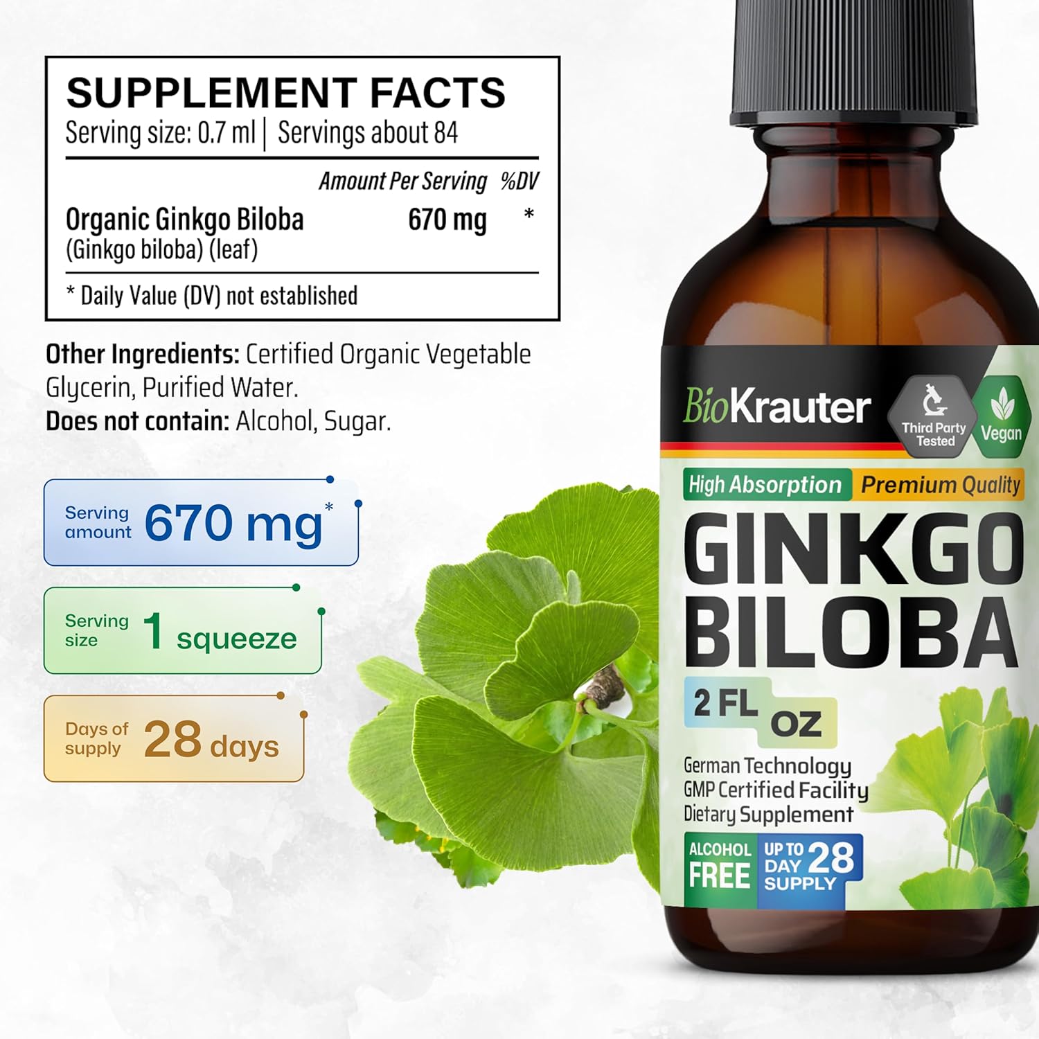 Ginkgo Biloba Tincture and Brain Support Capsules Set - 2 Fl. Oz. Tincture, 100 Capsules