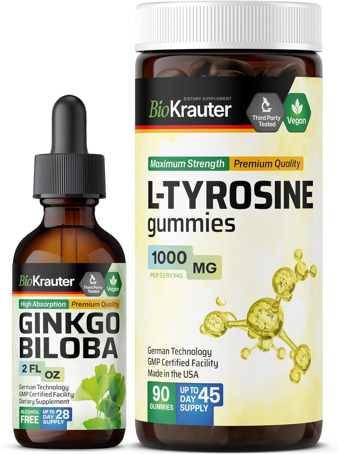 Ginkgo Biloba Tincture and L-Tyrosine Gummies Combo for Cognitive Support - 2 Fl Oz and 90 Gummies