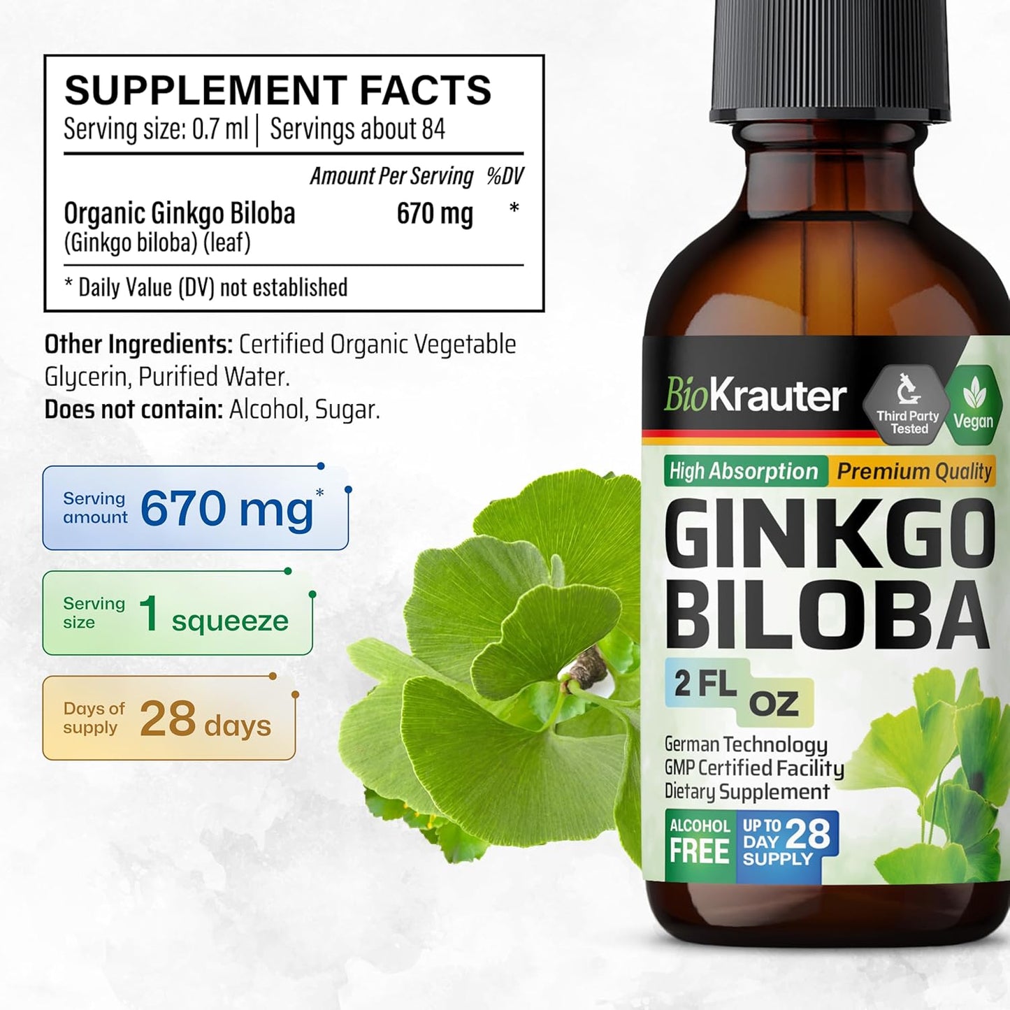 Ginkgo Biloba Tincture and L-Tyrosine Gummies Combo for Cognitive Support - 2 Fl Oz and 90 Gummies