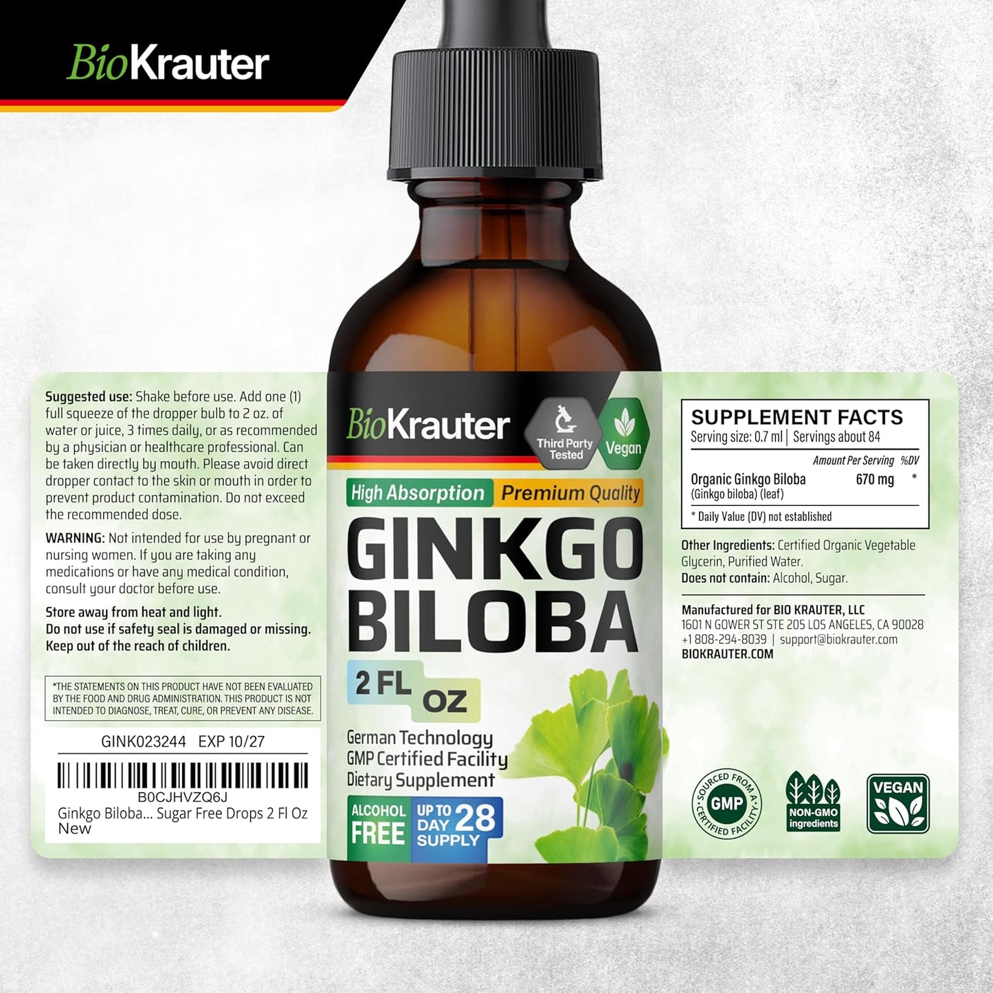 Ginkgo Biloba Tincture and L-Tyrosine Gummies Combo for Cognitive Support - 2 Fl Oz and 90 Gummies