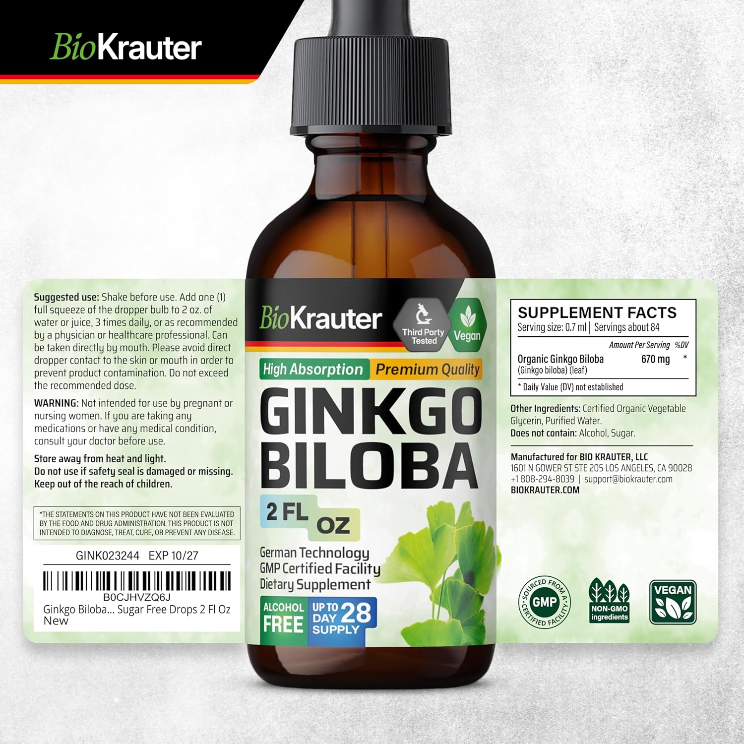 Ginkgo Biloba Tincture and L-Tyrosine Gummies Combo for Cognitive Support - 2 Fl Oz and 90 Gummies