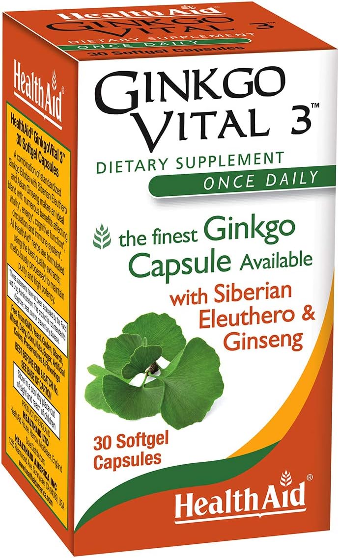 Ginkgo Vital 3 Softgel Capsules with Siberian Eleuthero and Ginseng for Improved Blood Circulation and Mental Clarity - 30 Capsules