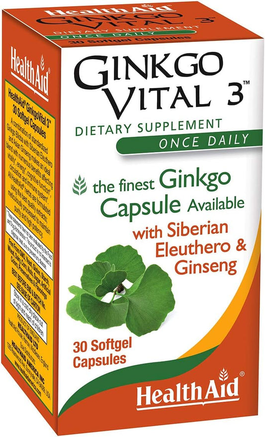 Ginkgo Vital 3 Softgel Capsules with Siberian Eleuthero and Ginseng for Improved Blood Circulation and Mental Clarity - 30 Capsules