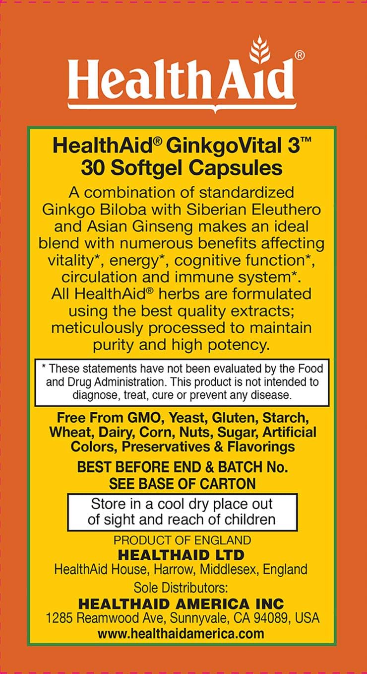 Ginkgo Vital 3 Softgel Capsules with Siberian Eleuthero and Ginseng for Improved Blood Circulation and Mental Clarity - 30 Capsules