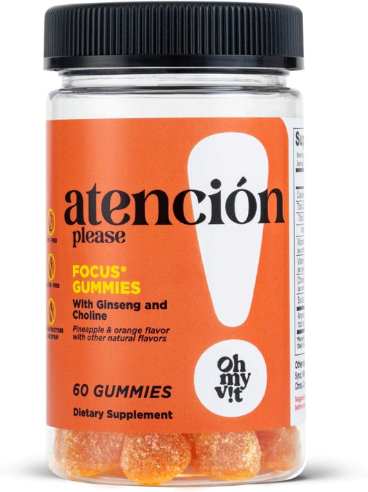 Ginseng and Choline Gummy Supplement for Energy and Focus, Pineapple Orange Flavor, 60 Count for Men and Women