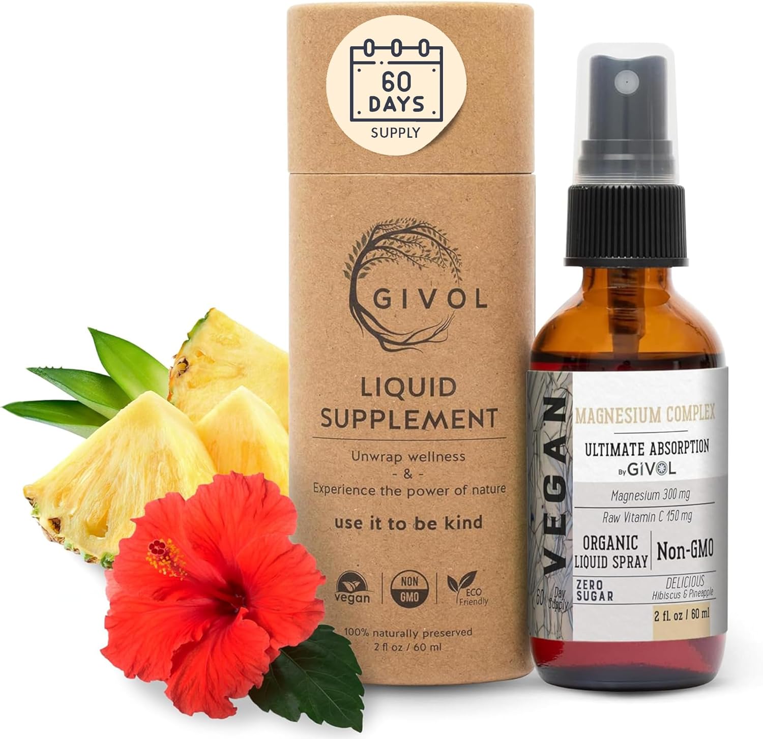 GIVOL Tri Magnesium Complex Liquid Spray with Raw Vitamin C - 300mg for Serenity and Body Decompression - Hibiscus Pineapple Flavor - 60ml