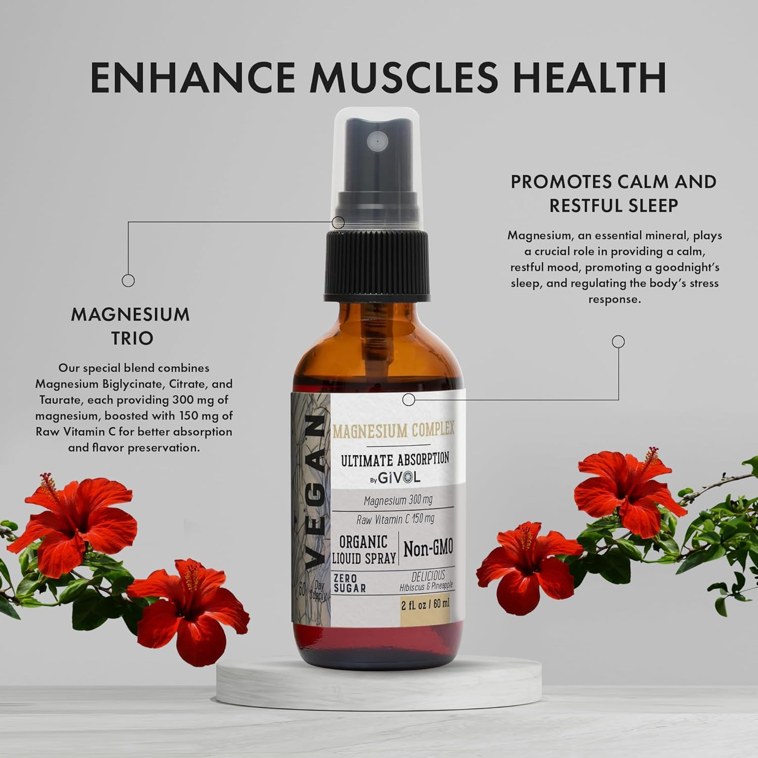 GIVOL Tri Magnesium Complex Liquid Spray with Raw Vitamin C - 300mg for Serenity and Body Decompression - Hibiscus Pineapple Flavor - 60ml