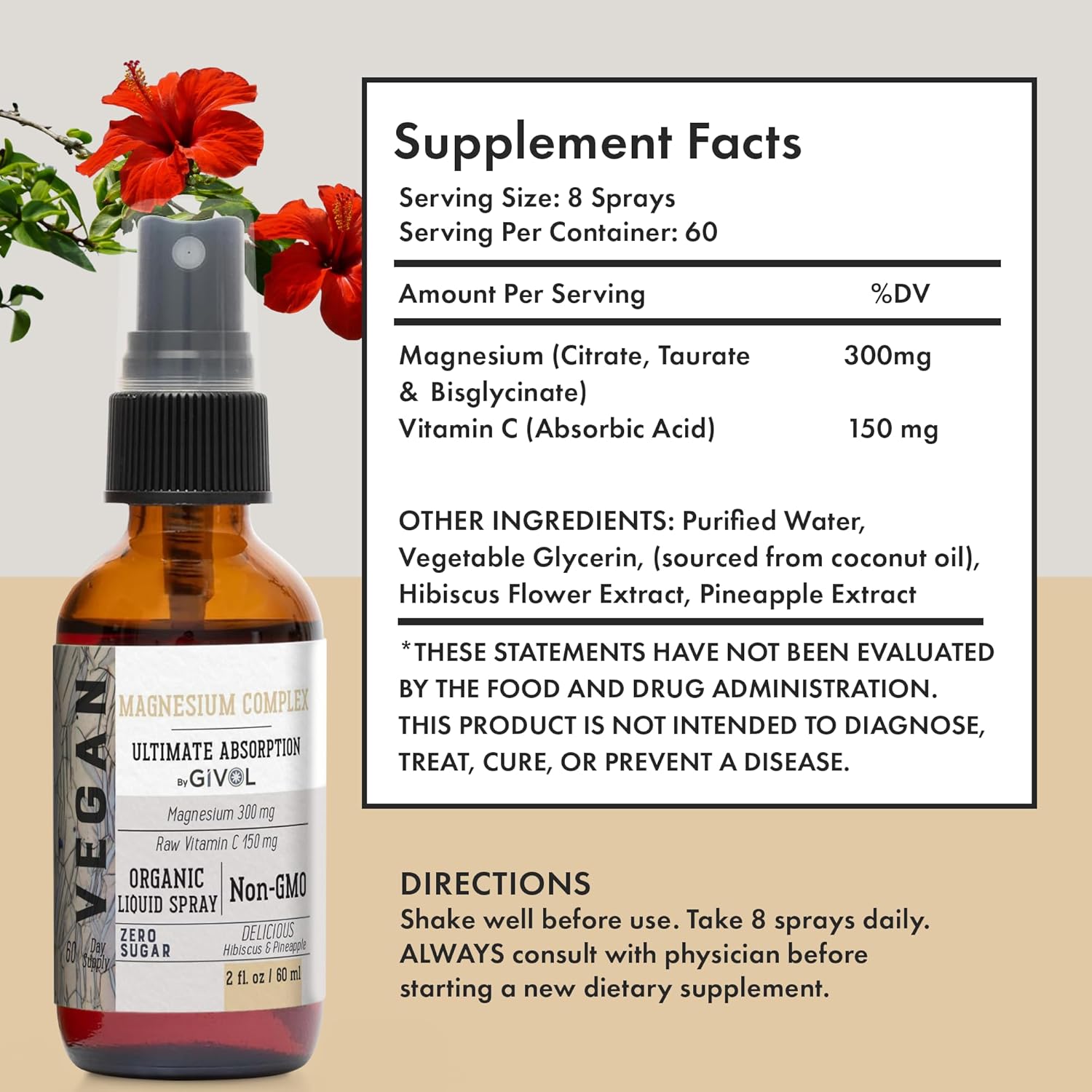 GIVOL Tri Magnesium Complex Liquid Spray with Raw Vitamin C - 300mg for Serenity and Body Decompression - Hibiscus Pineapple Flavor - 60ml