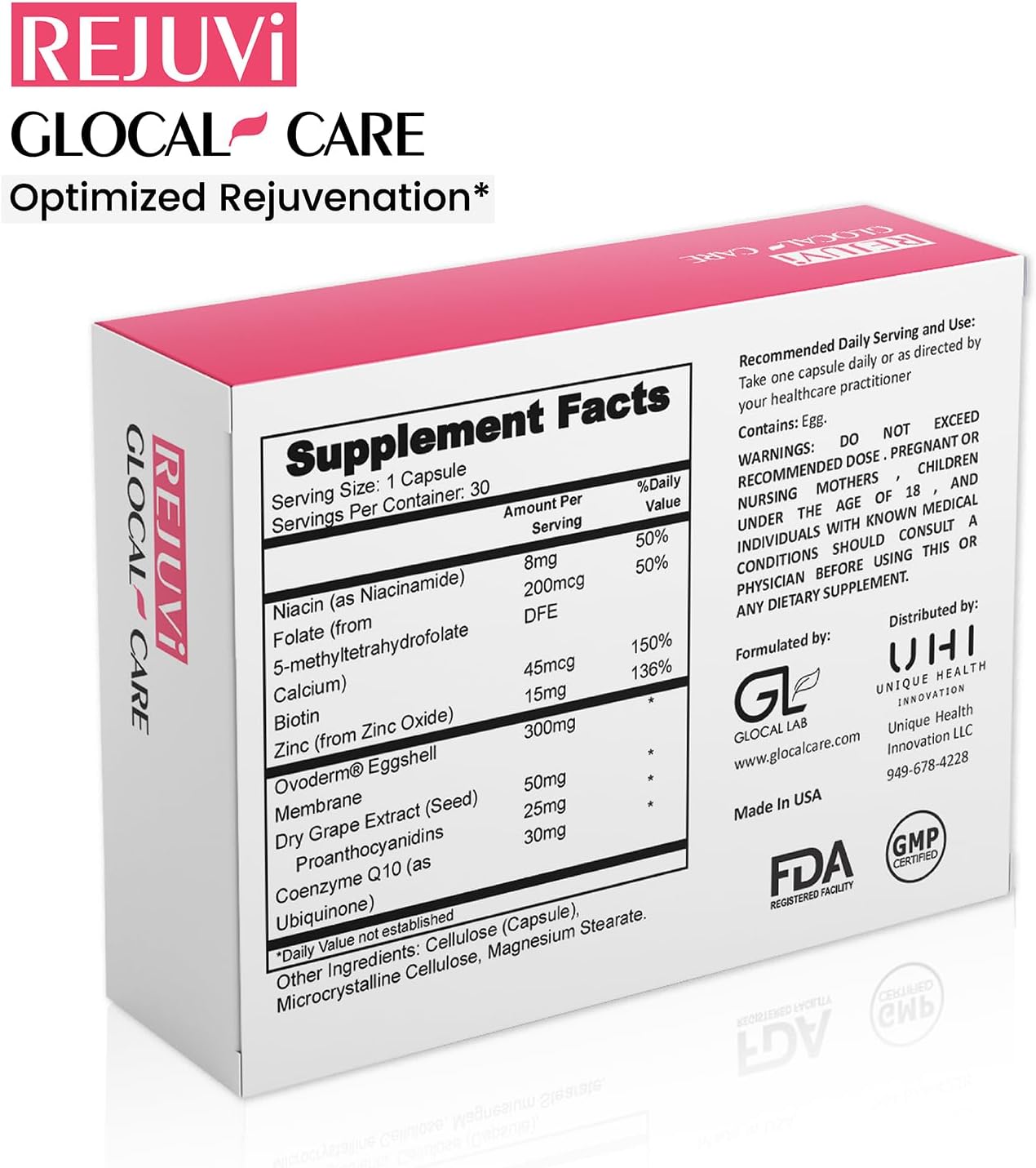 GlocalCare Rejuvi Skin Rejuvenation Cream with Collagen Synthesis, Anti-Wrinkle Properties, Ovoderm, Grape Seed Extract, Coenzyme Q10, and Folate