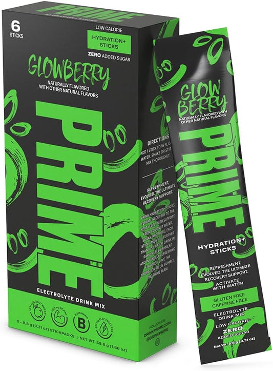 GLOWBERRY Prime Hydration+ Stick Pack - 6 Sticks, Electrolyte Drink Mix with Coconut Water, BCAAs, Antioxidants, Naturally Flavored, Zero Sugar