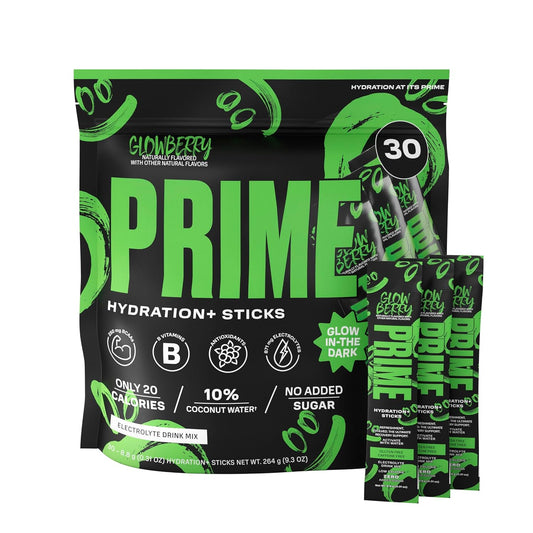 GLOWBERRY Prime Hydration+ Sticks | Single Serve Electrolyte Powder for Hydration On The Go | Low Sugar, Caffeine-Free, Vegan | 30 Sticks