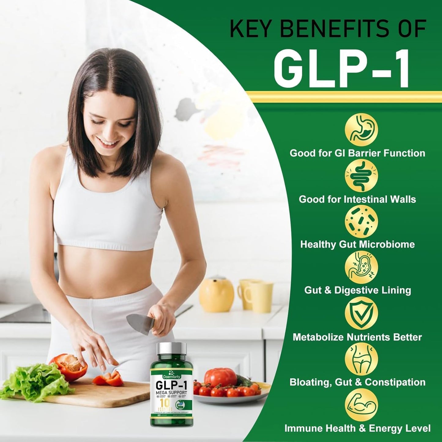 GLP-1 Probiotic Capsules - 10 Billion CFU Multi-Strain Supplement for Men & Women - Naturally Boost GLP-1 Production with Prebiotics - 60 Capsules