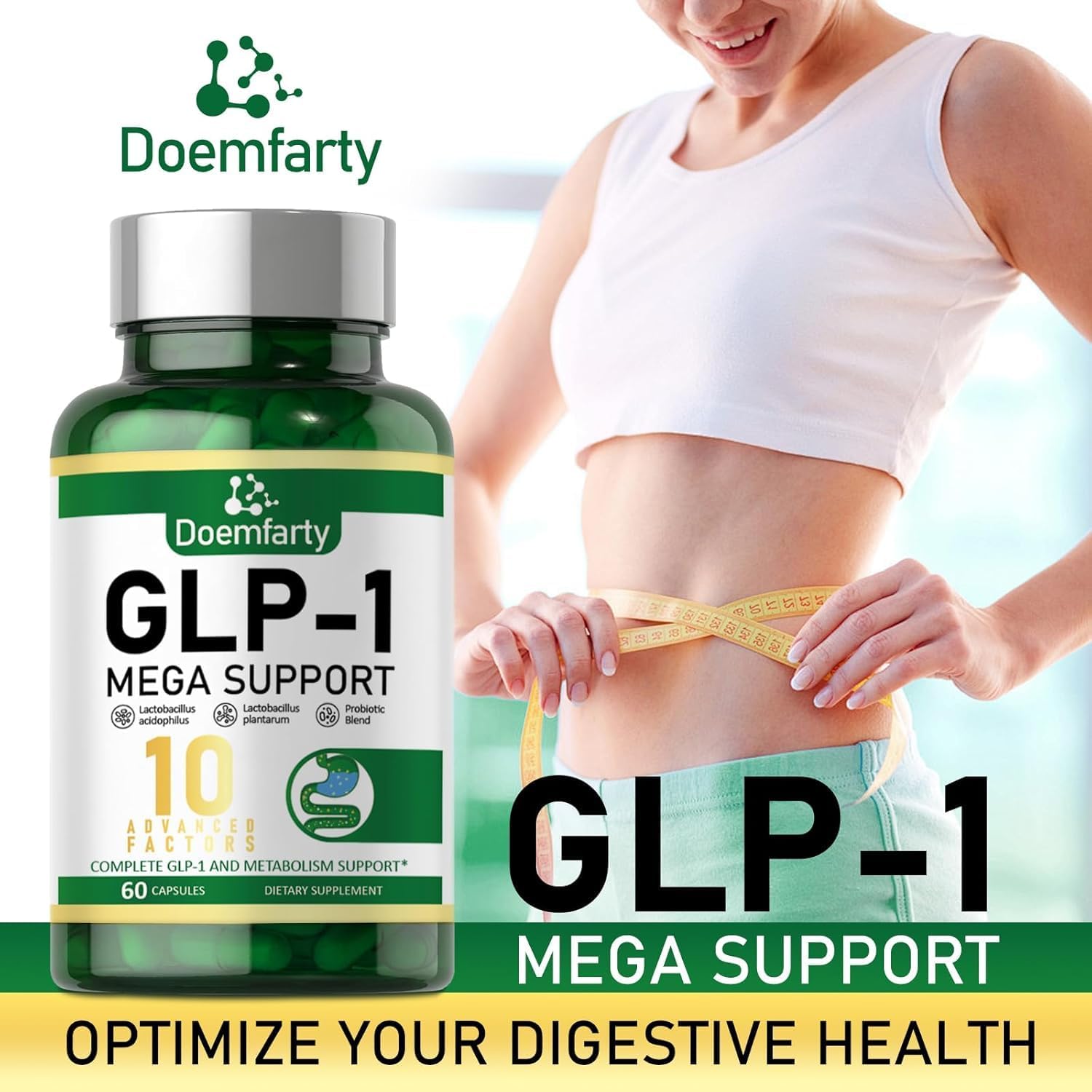 GLP-1 Probiotic Capsules - 10 Billion CFU Multi-Strain Supplement for Men & Women - Naturally Boost GLP-1 Production with Prebiotics - 60 Capsules
