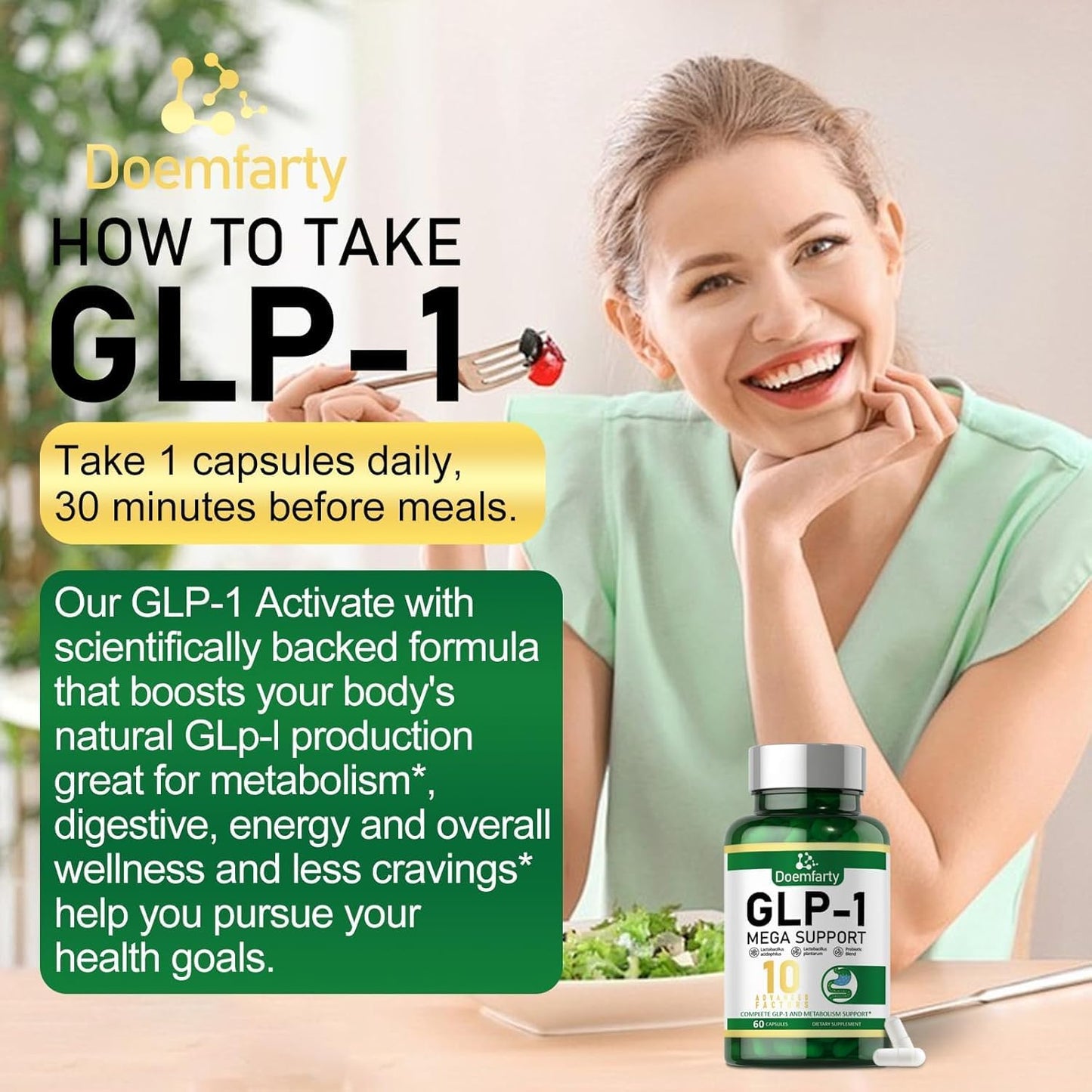 GLP-1 Probiotic Capsules - 10 Billion CFU Multi-Strain Supplement for Men & Women - Naturally Boost GLP-1 Production with Prebiotics - 60 Capsules