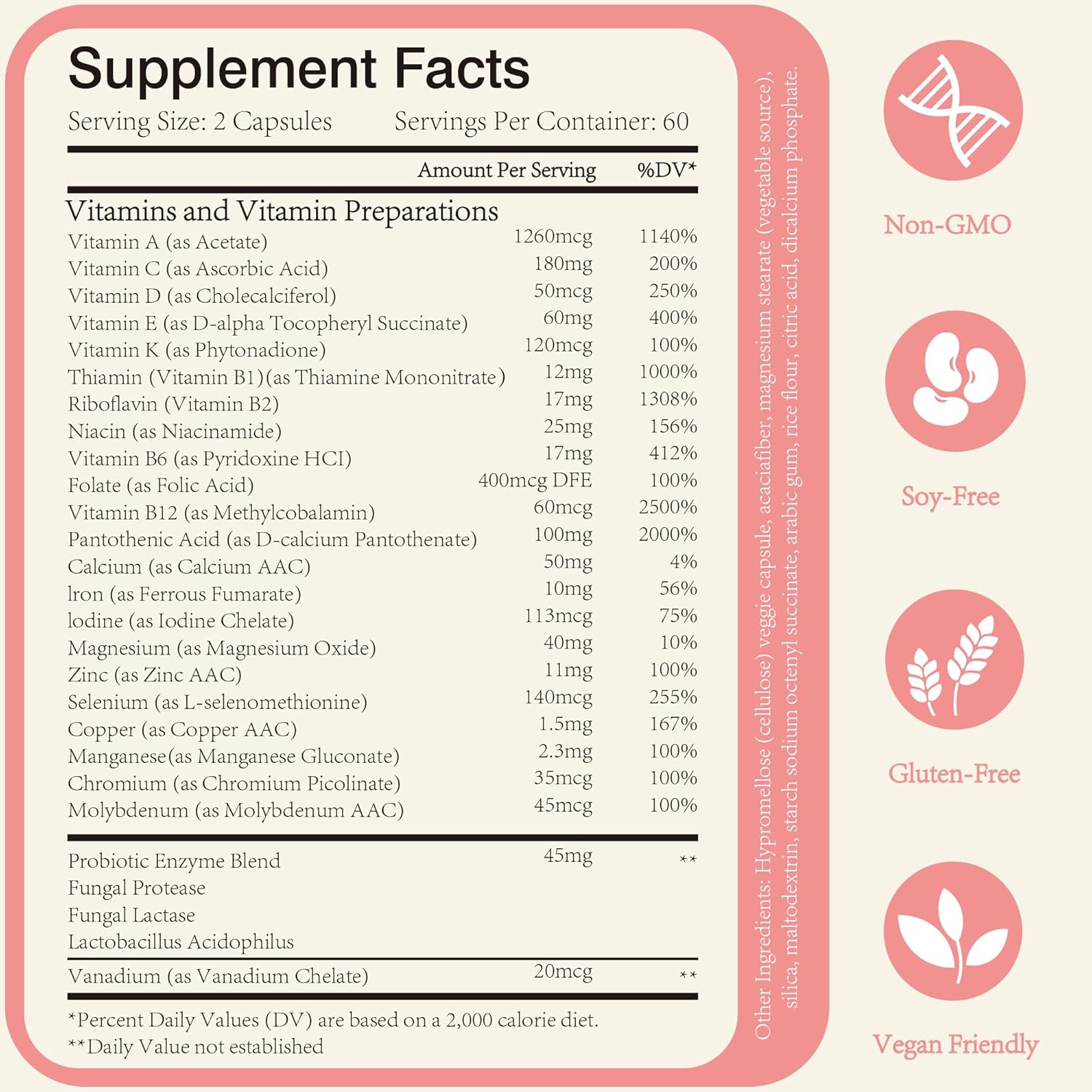 GLPNATU 26-in-1 Multivitamin Supplement with Probiotics for Daily Vitamin Support - 120 Capsules for Men & Women