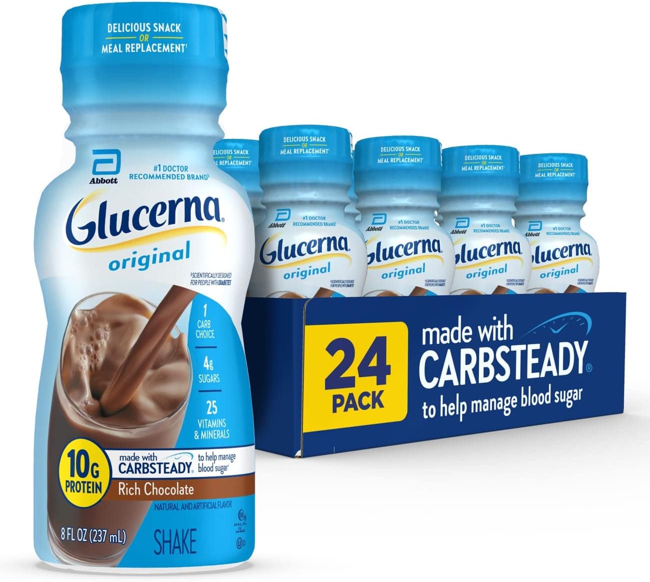 Glucerna Original Rich Chocolate Nutritional Shake, 10g Protein, 180 Calories, Diabetic Drink for Blood Sugar Management - 24 Pack, 8 fl oz Bottle