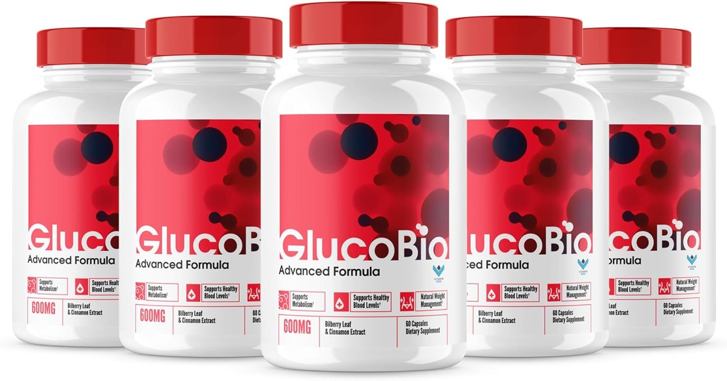 GlucoBio Blood Support Pills 5 Pack - Advanced Formula with Natural Ingredients for Maximum Strength Glycogen Support (300 Capsules)