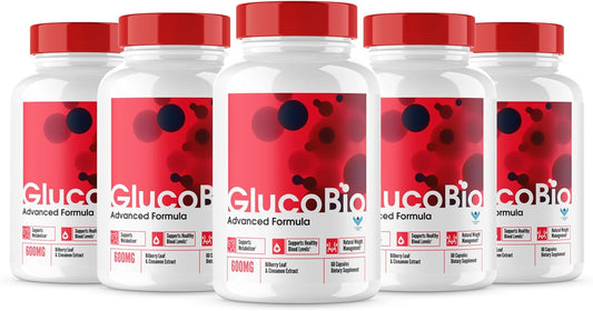 GlucoBio Blood Support Pills 5 Pack - Advanced Formula with Natural Ingredients for Maximum Strength Glycogen Support (300 Capsules)