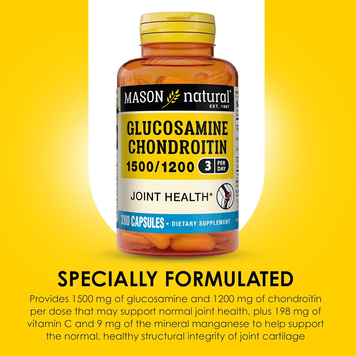 Glucosamine Chondroitin 1500/1200 with Vitamin C for Joint Health - 280 Capsules, 3 Per Day, Mason Natural