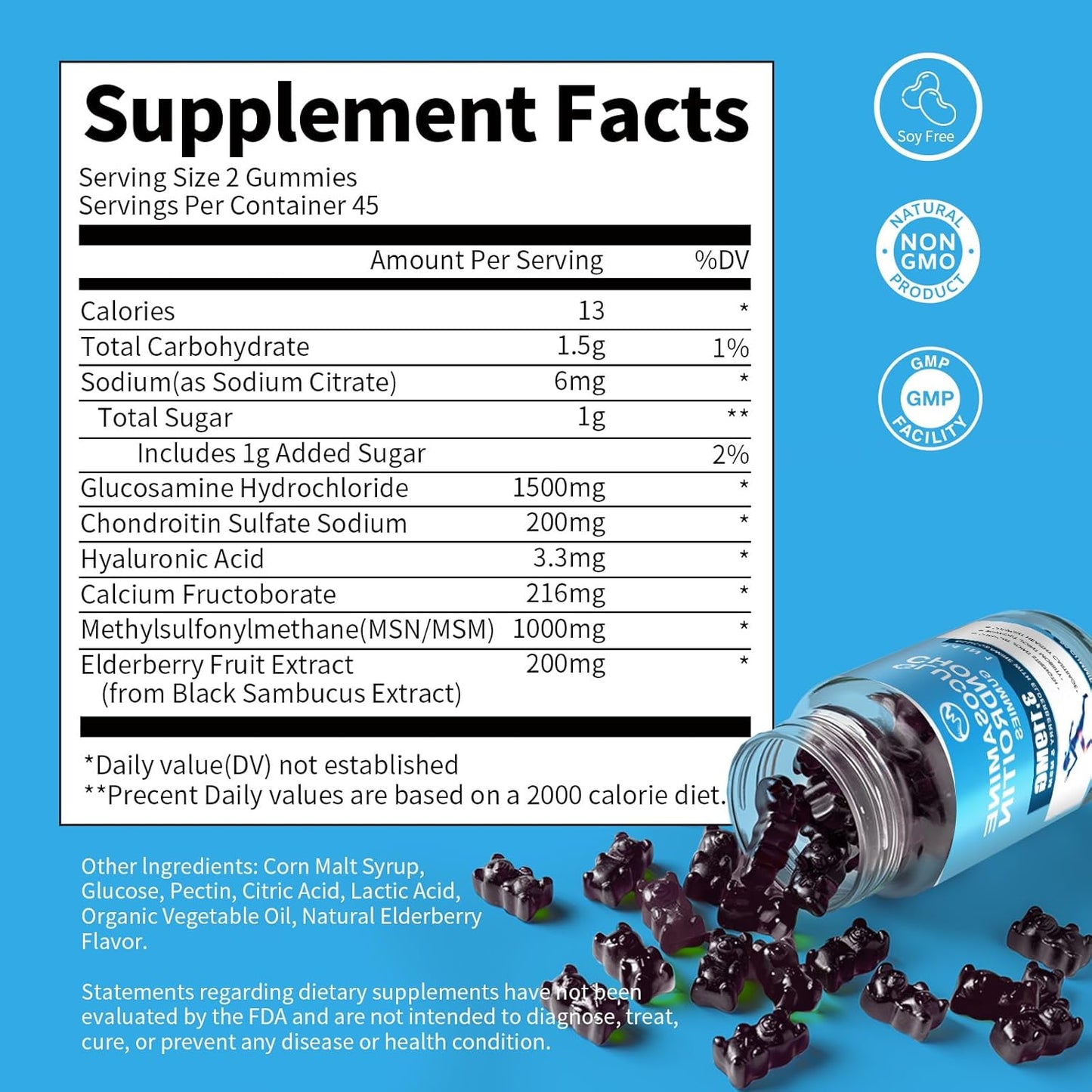 Glucosamine Chondroitin Gummies, 1500mg Glucosamine & 1000mg MSM, Joint Support for Adults, Elderberry Flavor, 90 Servings x 2 Pack