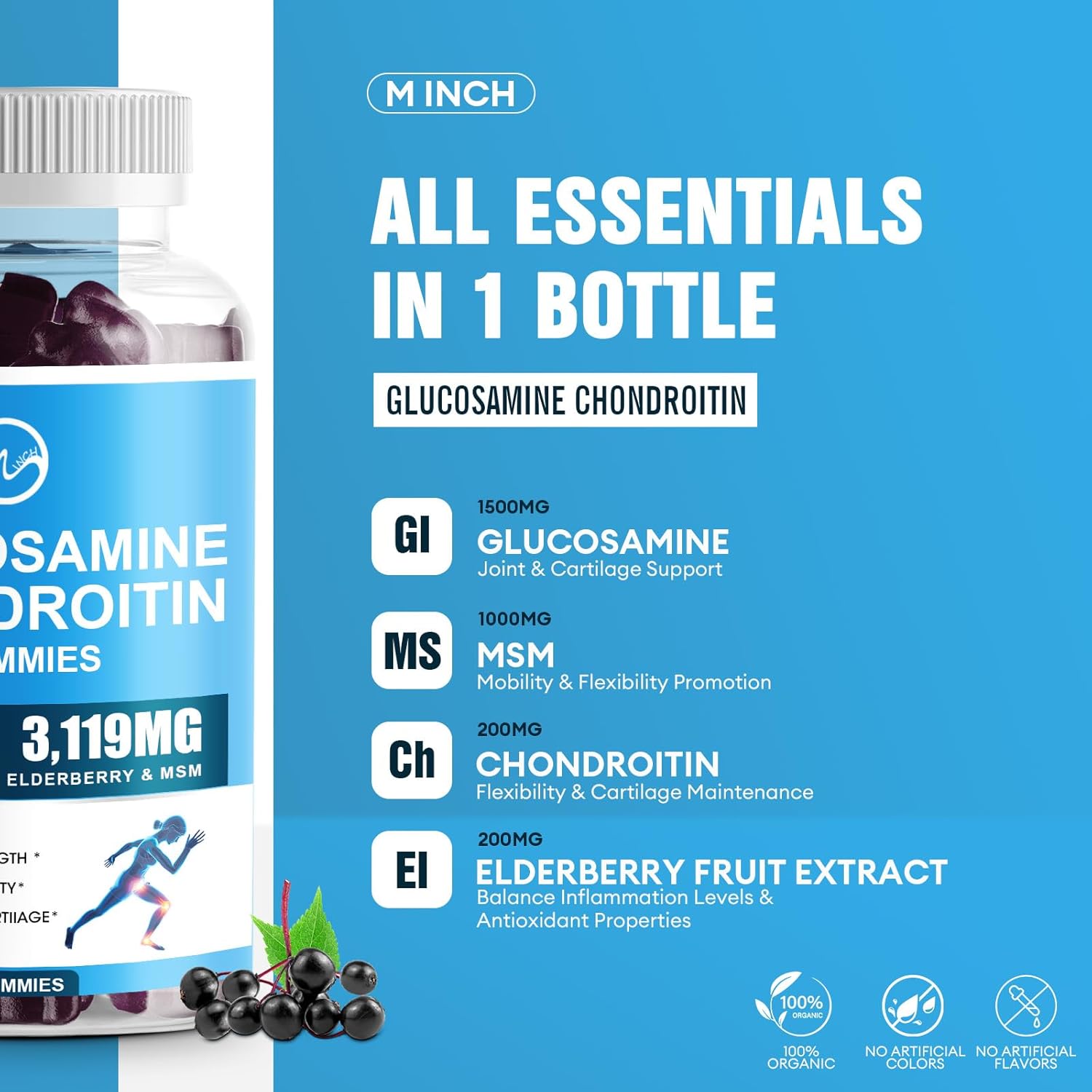 Glucosamine Chondroitin Gummies, 1500mg Glucosamine & 1000mg MSM, Joint Support for Adults, Elderberry Flavor, 90 Servings x 2 Pack