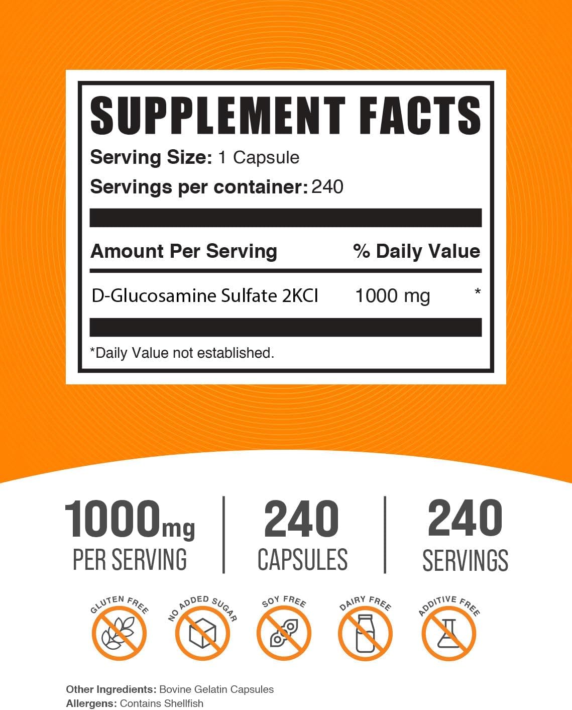 Glucosamine Sulfate Capsules 1000mg - Joint Support Supplement - Gluten Free, 240 Capsules - BulkSupplements