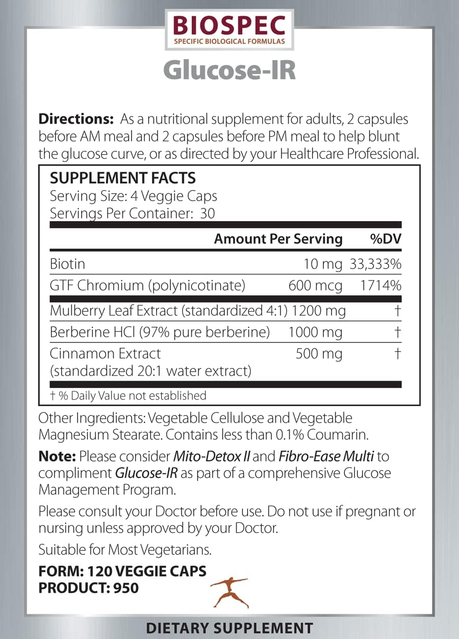 Glucose-IR Supplement - Cinnamon Extract, Chromium, Berberine, Biotin - 120 Capsules