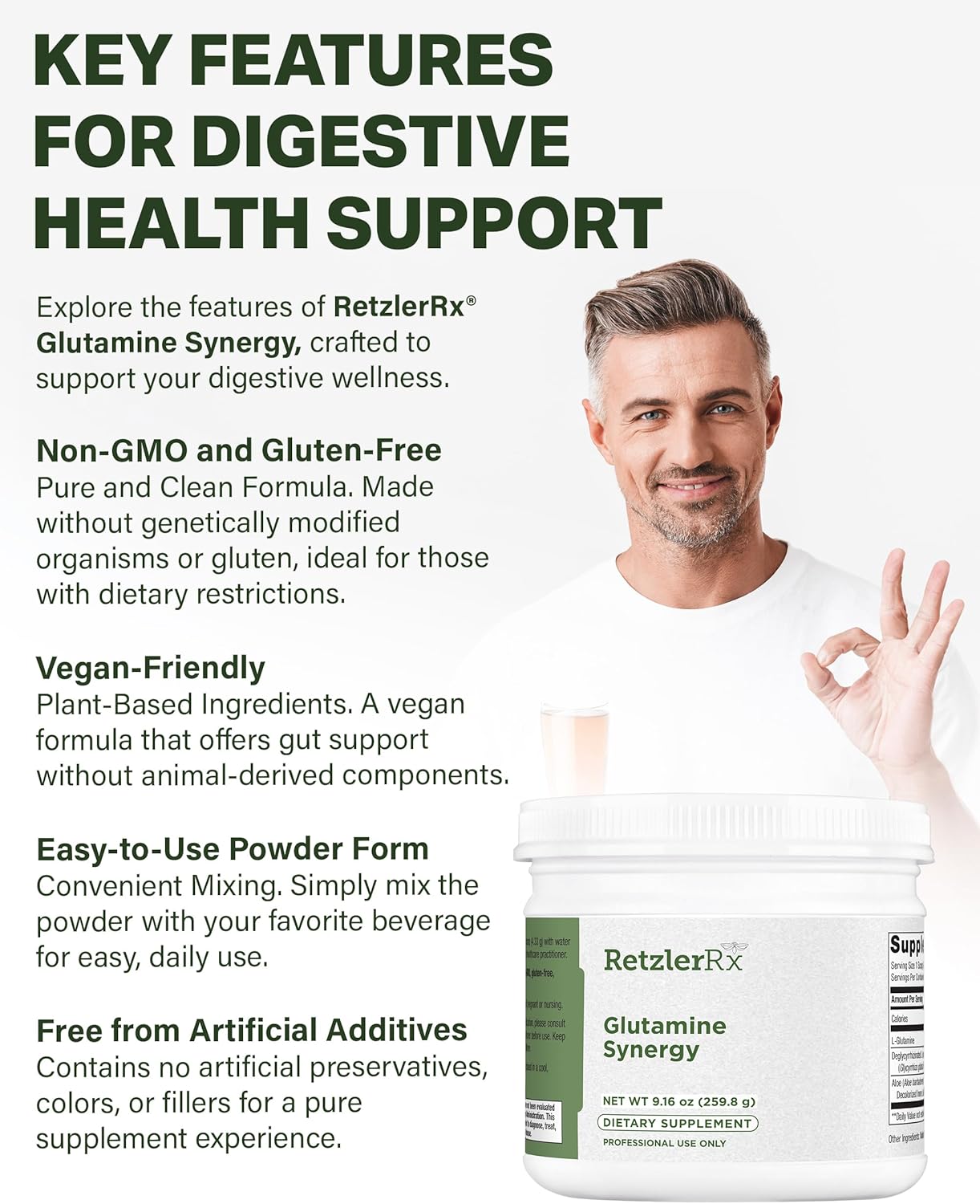 Glutamine Synergy Gastrointestinal Support Supplement - Non-GMO, Vegan Formula for Digestive Health