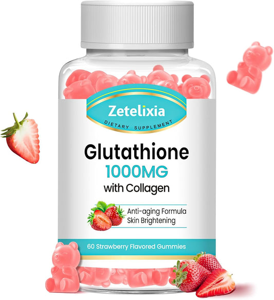 Glutathione Collagen Gummies with Vitamin C for Women - Hair Skin Nails Support - Vegan Anti-Aging Supplement - 60 Sugar-Free Strawberry Gummies