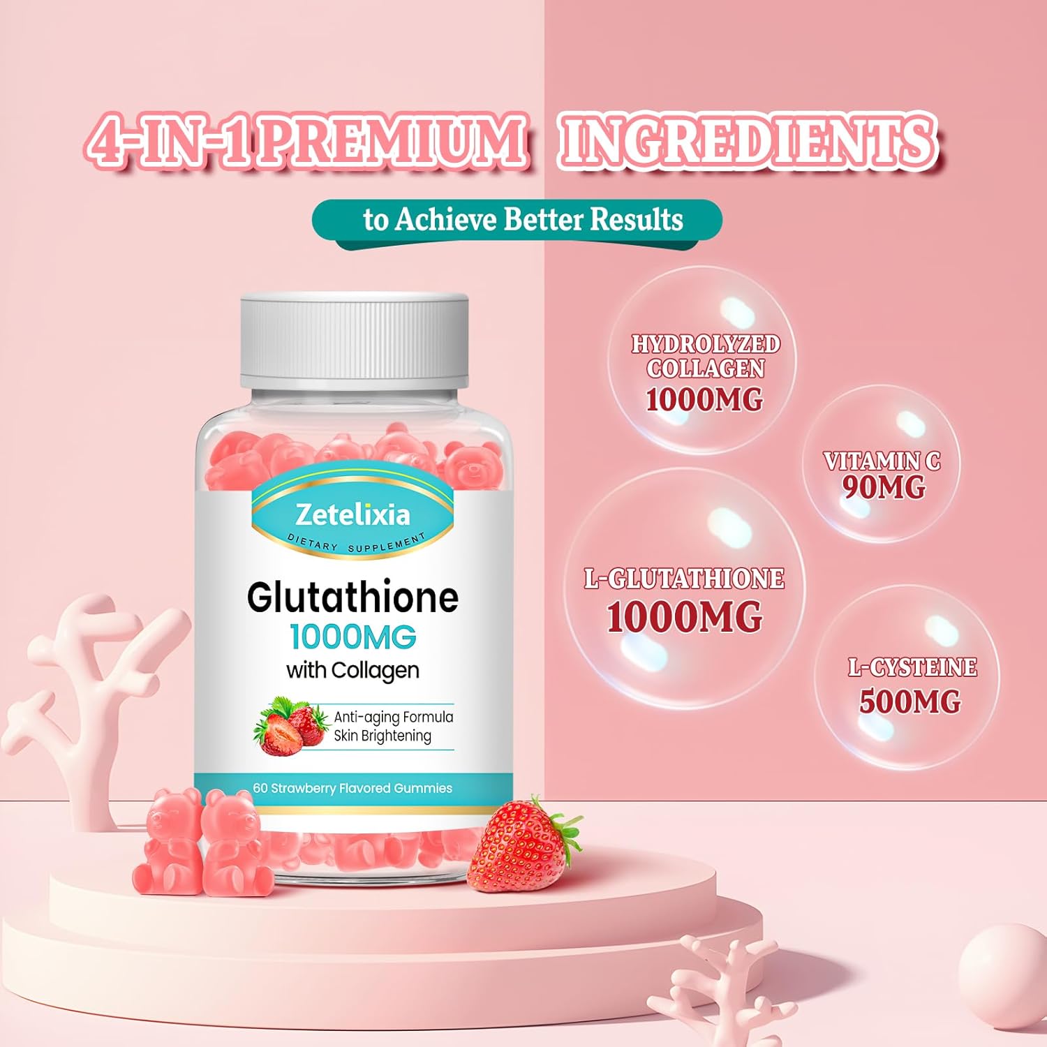 Glutathione Collagen Gummies with Vitamin C for Women - Hair Skin Nails Support - Vegan Anti-Aging Supplement - 60 Sugar-Free Strawberry Gummies