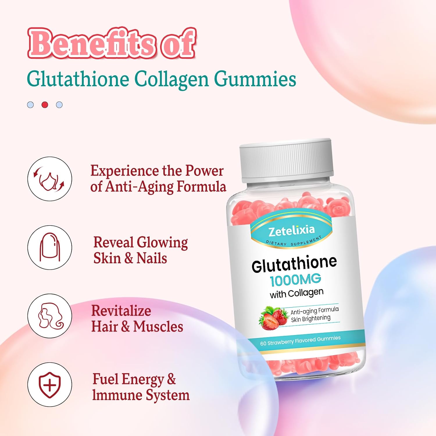 Glutathione Collagen Gummies with Vitamin C for Women - Hair Skin Nails Support - Vegan Anti-Aging Supplement - 60 Sugar-Free Strawberry Gummies