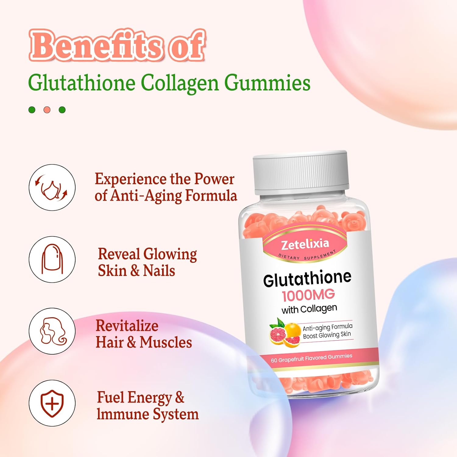 Glutathione Collagen Gummies with Vitamin C for Women - Hair, Skin, Nails, Joints - Anti-Aging Supplement, Vegan, Sugar-Free - Grape Flavor, 60 Count