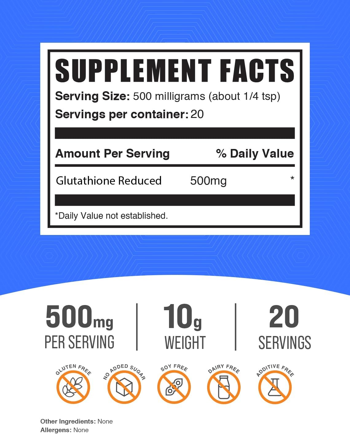 Glutathione Reduced Powder Supplement - 500mg, Gluten Free - 10g (0.35 oz) - Pack of 1