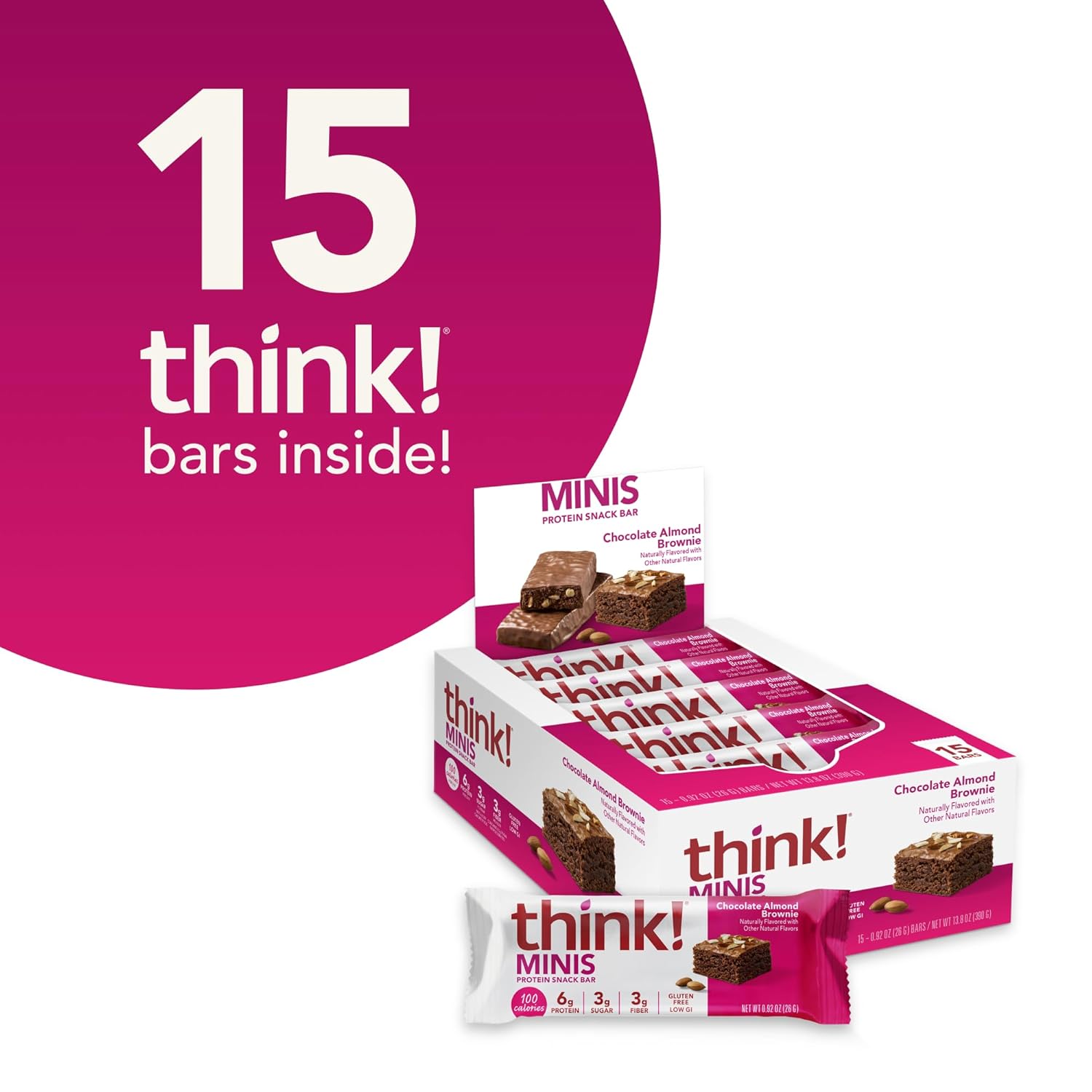 Gluten Free Chocolate Almond Brownie Protein Snack Bars - 15 Count by think! Minis