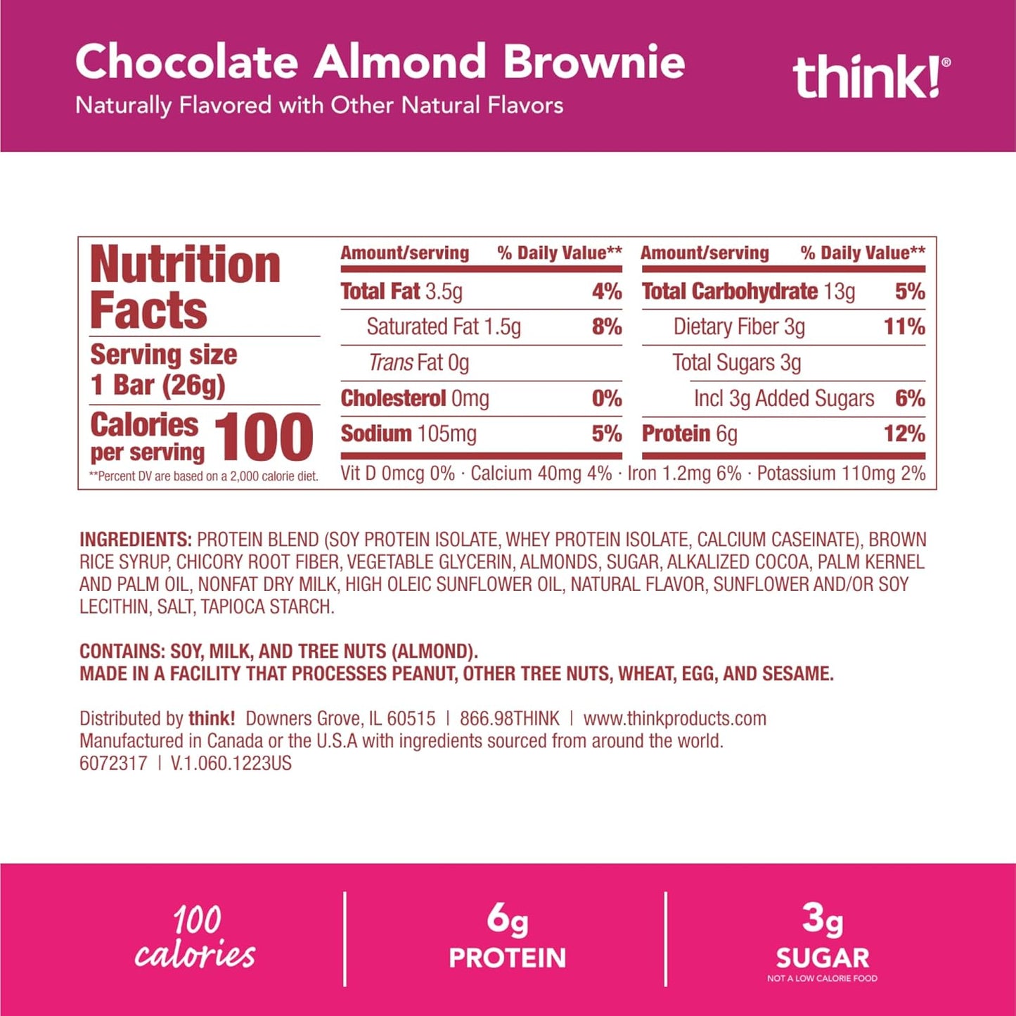 Gluten Free Chocolate Almond Brownie Protein Snack Bars - 15 Count by think! Minis