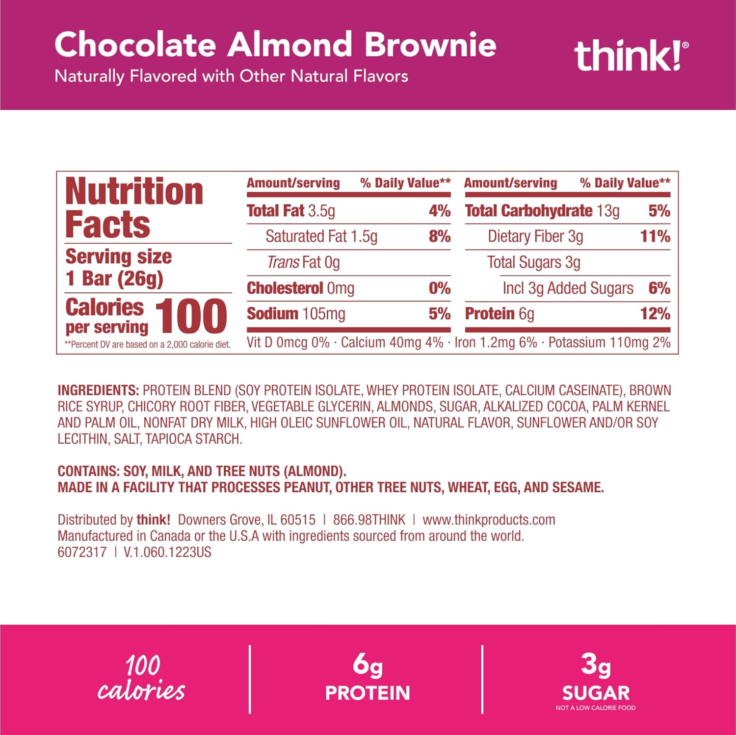 Gluten Free Chocolate Almond Brownie Protein Snack Bars - 15 Count by think! Minis
