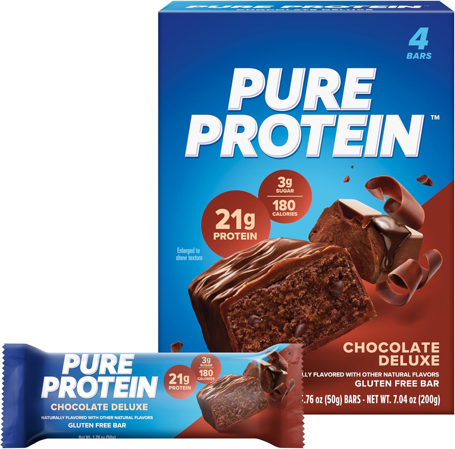 Gluten Free Chocolate Deluxe Protein Bars, 7.04 oz, Pack of 4, Low Sugar Energy Snacks