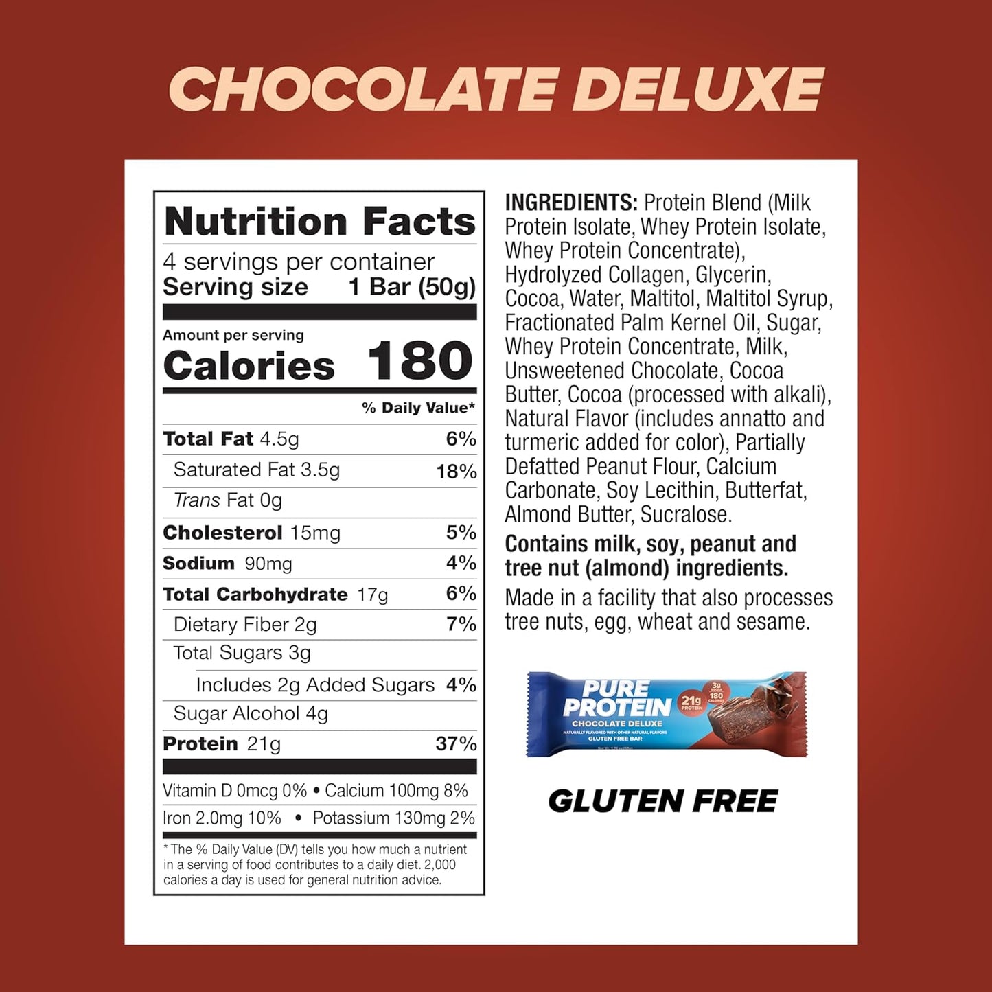Gluten Free Chocolate Deluxe Protein Bars, 7.04 oz, Pack of 4, Low Sugar Energy Snacks
