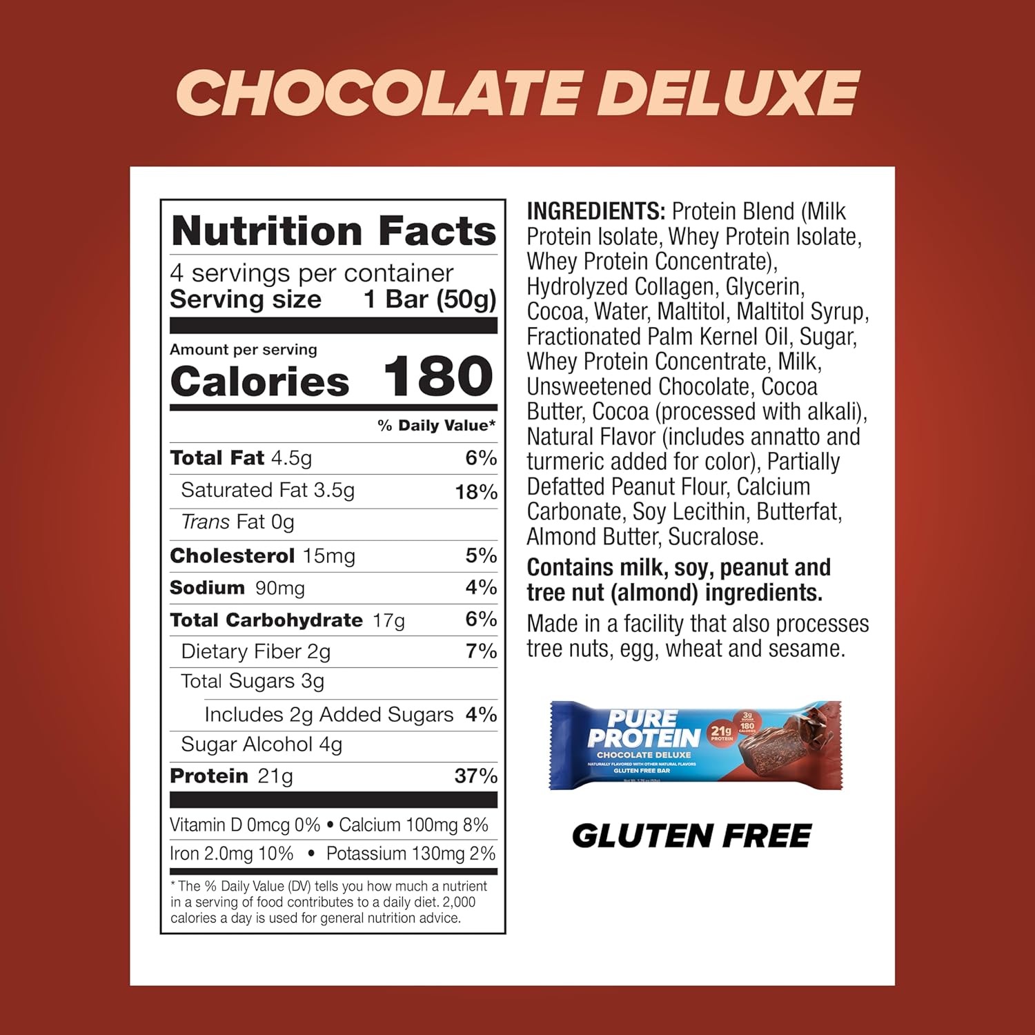 Gluten Free Chocolate Deluxe Protein Bars, 7.04 oz, Pack of 4, Low Sugar Energy Snacks