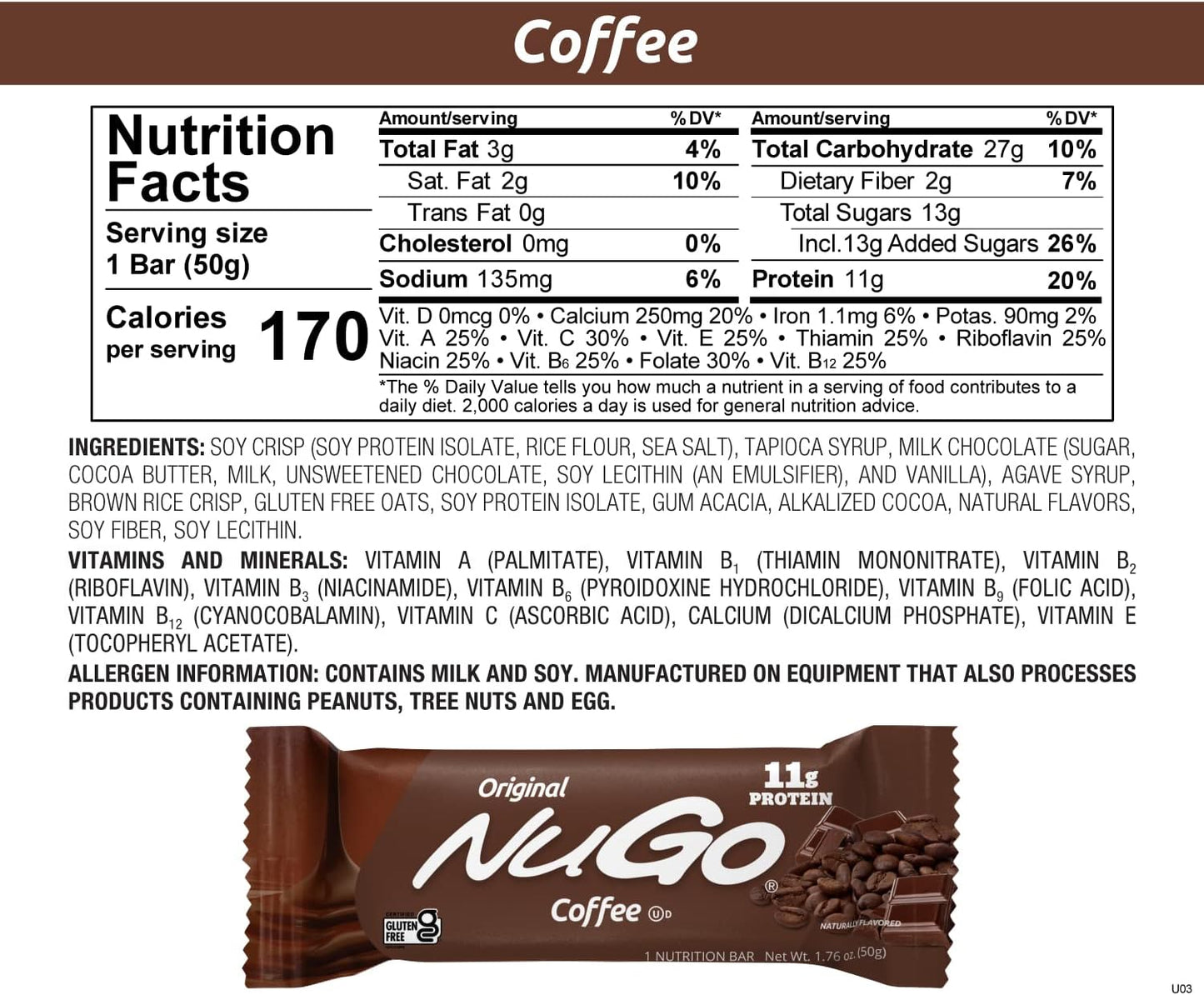 Gluten Free Coffee NuGo Protein Bars, 15 Count - 11g Protein per Bar