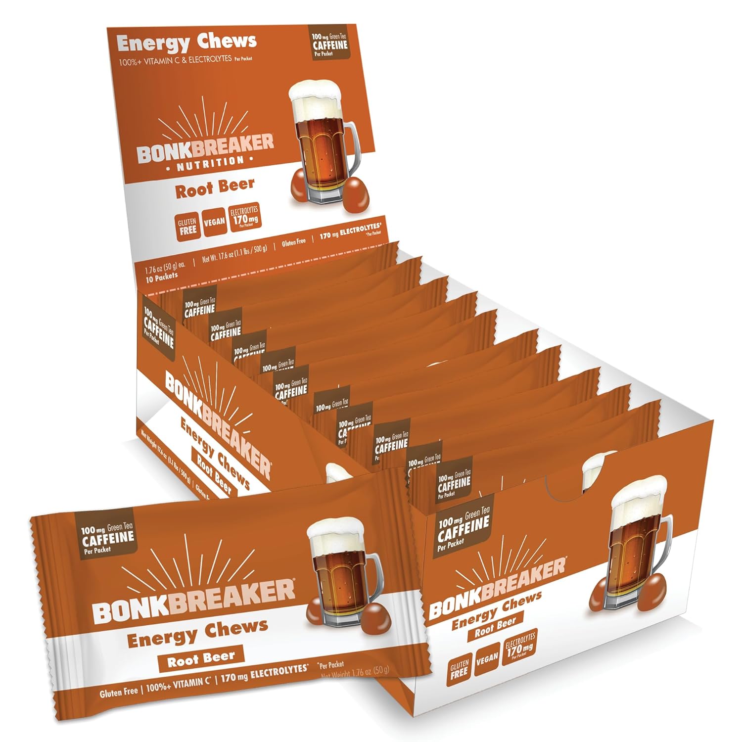 Gluten-Free Dairy-Free Bonk Breaker Energy Chews for Quick Energy and Focus - 10 Packets Root Beer Flavor