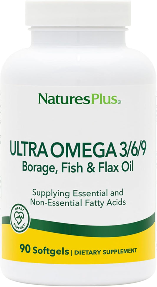 Gluten-Free Natures Plus Ultra Omega 3 6 9 Softgels - 1200mg, 90 Servings - Borage, Fish, Flax Oil Supplement